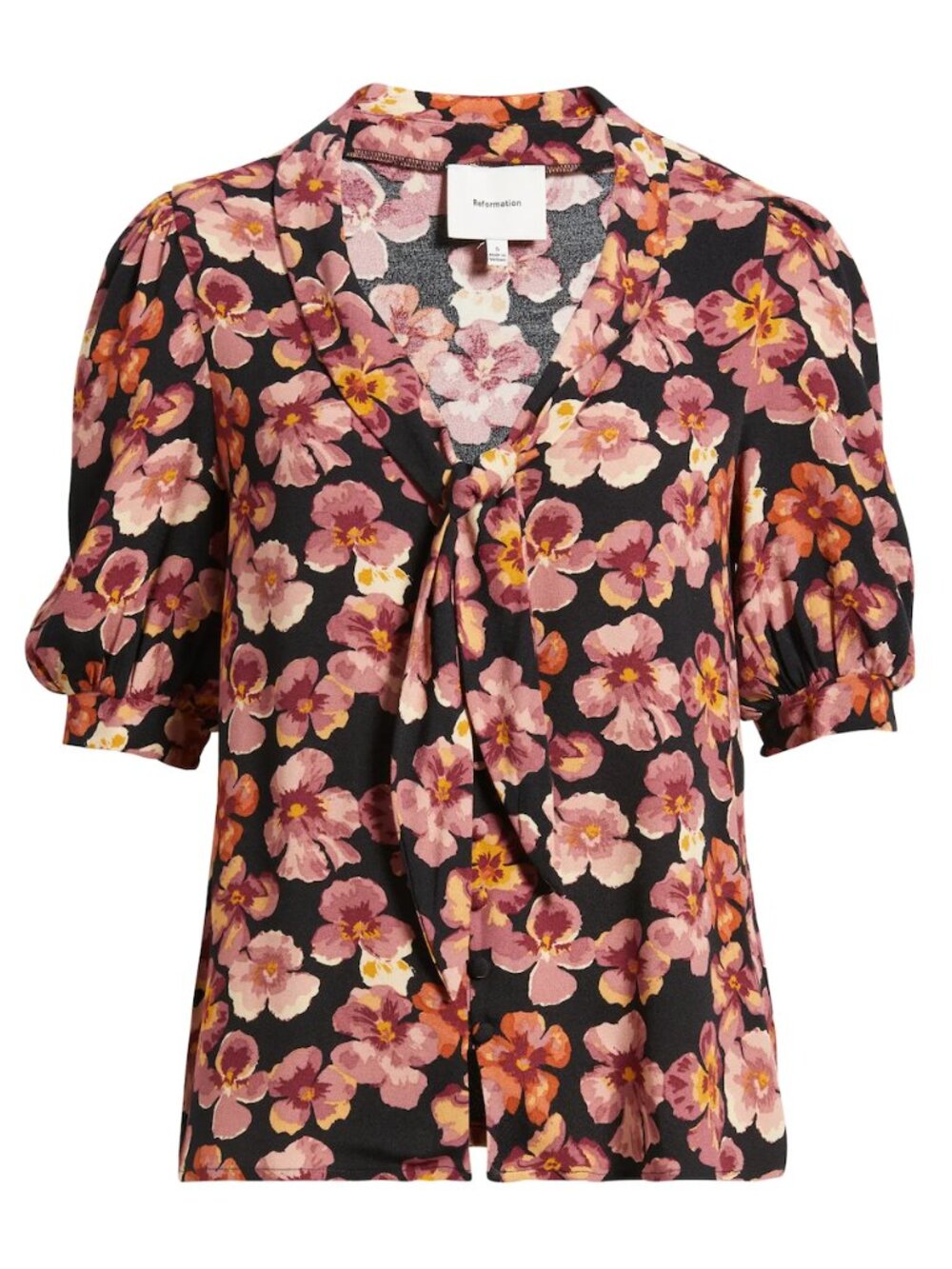 Reformation Joelle Floral Tie Neck Button-Up Top in Black Floral - Size Small